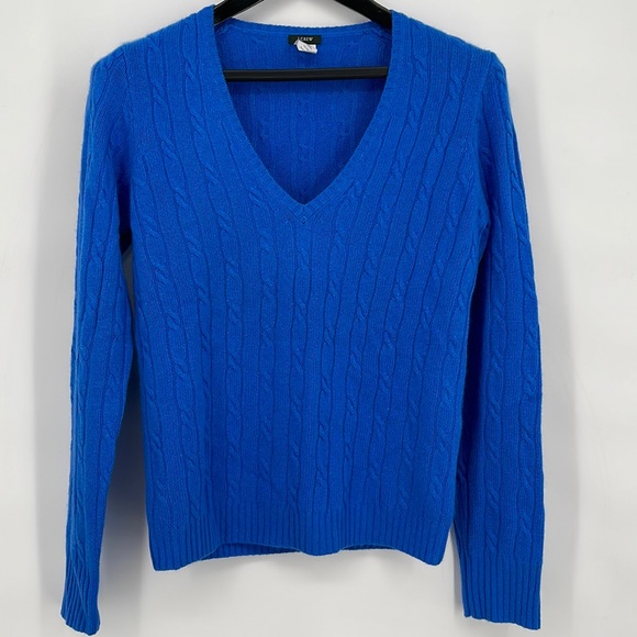 J CREW Sweater Sz M Cashmere Angora & Wool V-Neck Cable Royal Blue Women‎ EUC - Picture 1 of 4